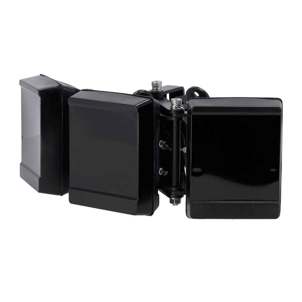 Foco infrarrojo de alcance 100~160m     Iluminación por LEDs de 850 nM     18 Lámparas IR LED     Apertura del haz 15°~45º     Intensidad y umbral regulables     Impermiable IP66 , IK10